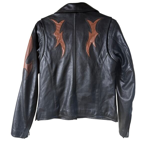 Vintage Harley Davidson Motorcycle Jacket Women SZ M Black Brown Flames EUC - Picture 2 of 12
